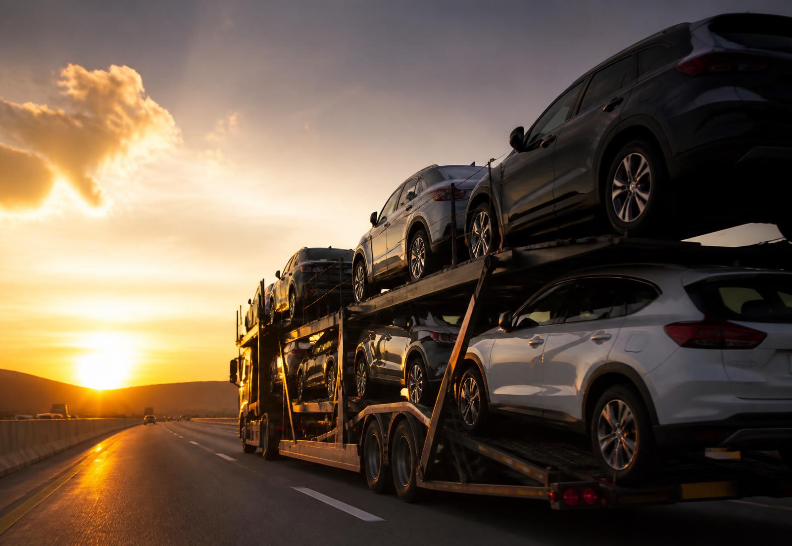 Auto transport carrier hauling multiple vehicles on a U.S. highway at sunset