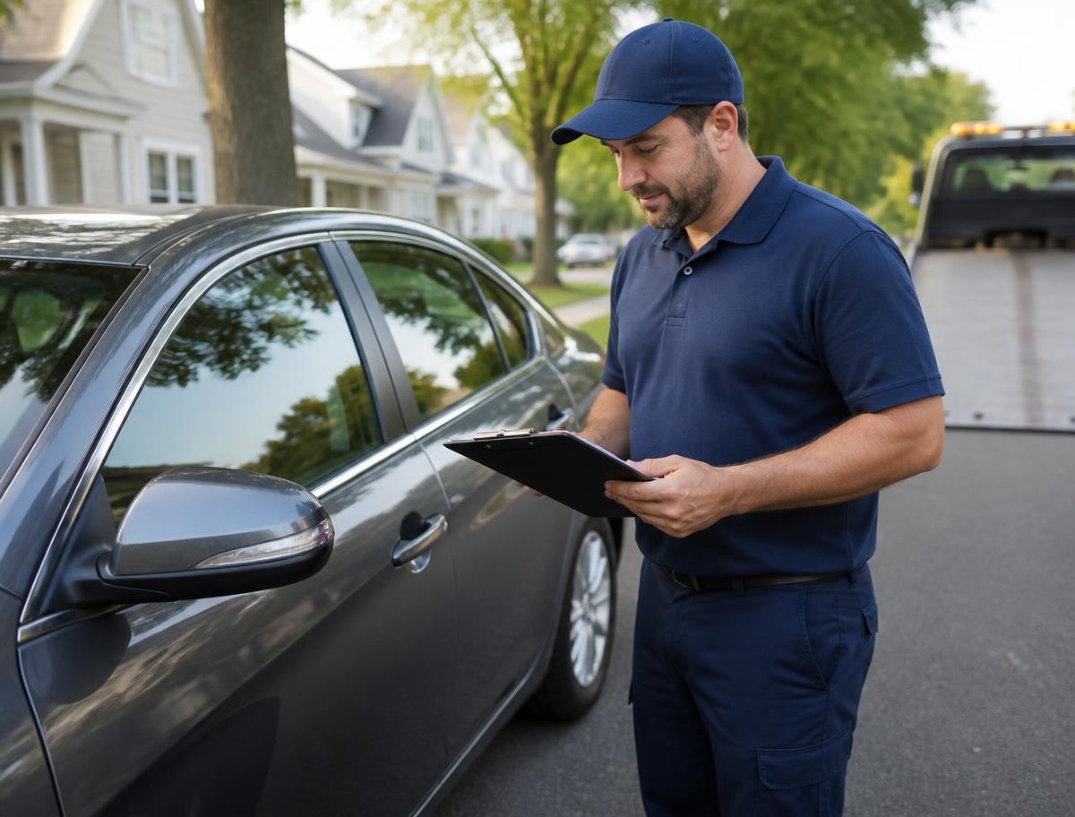 Transport driver inspecting a sedan at residential door-to-door pickup